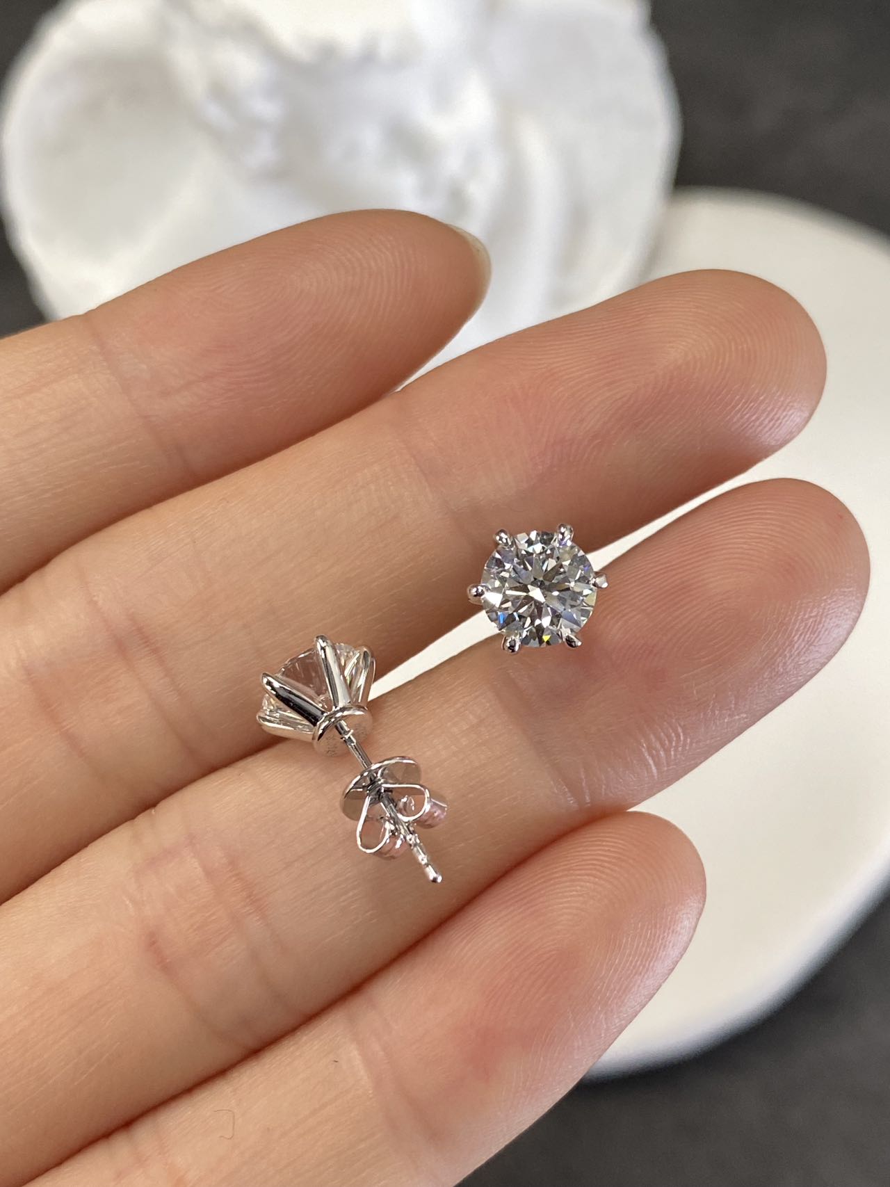 2-carat lab-grown diamond stud earrings in solid 18k white gold, perfect as a birthday or anniversary gift.