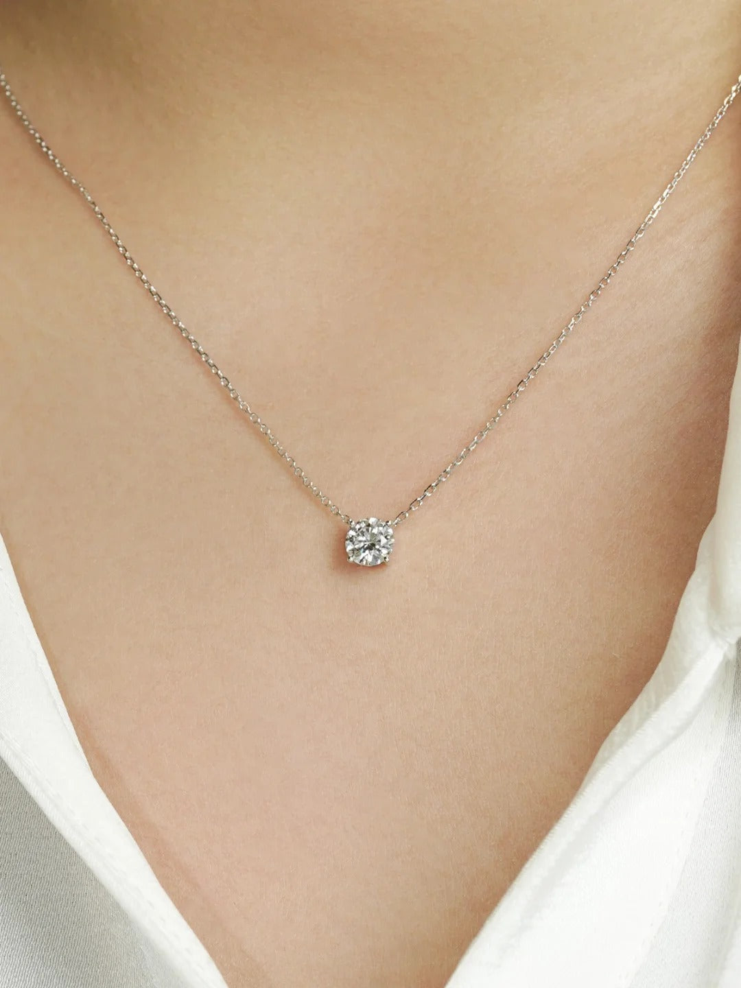 Customizable Lab Grown Diamond Pendant Necklace - Floating Colorless Diamond in Solid 18k White Gold