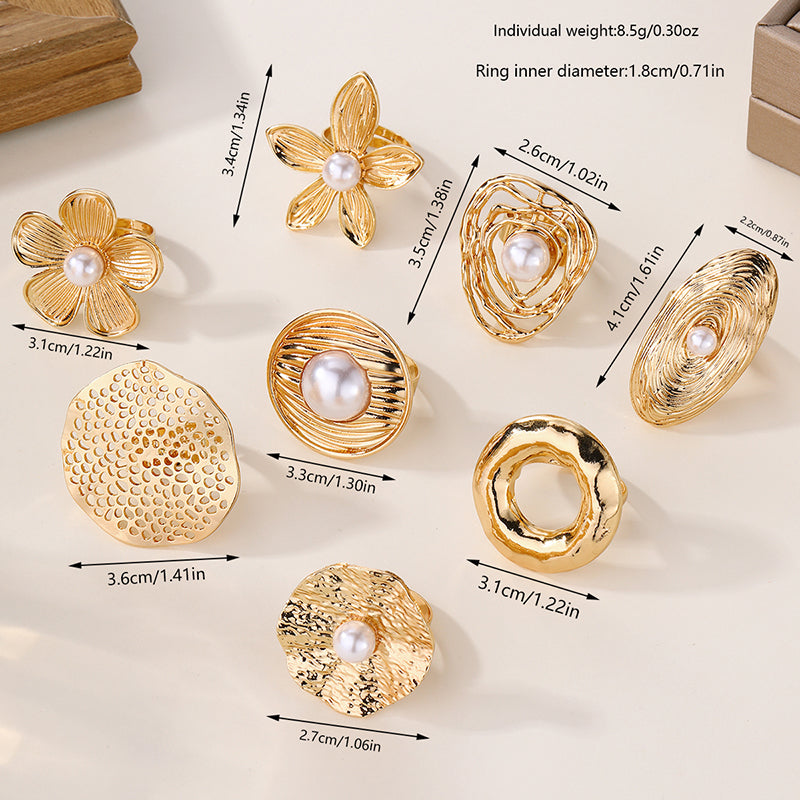 size information for gold pearl rings with different shapes and designs