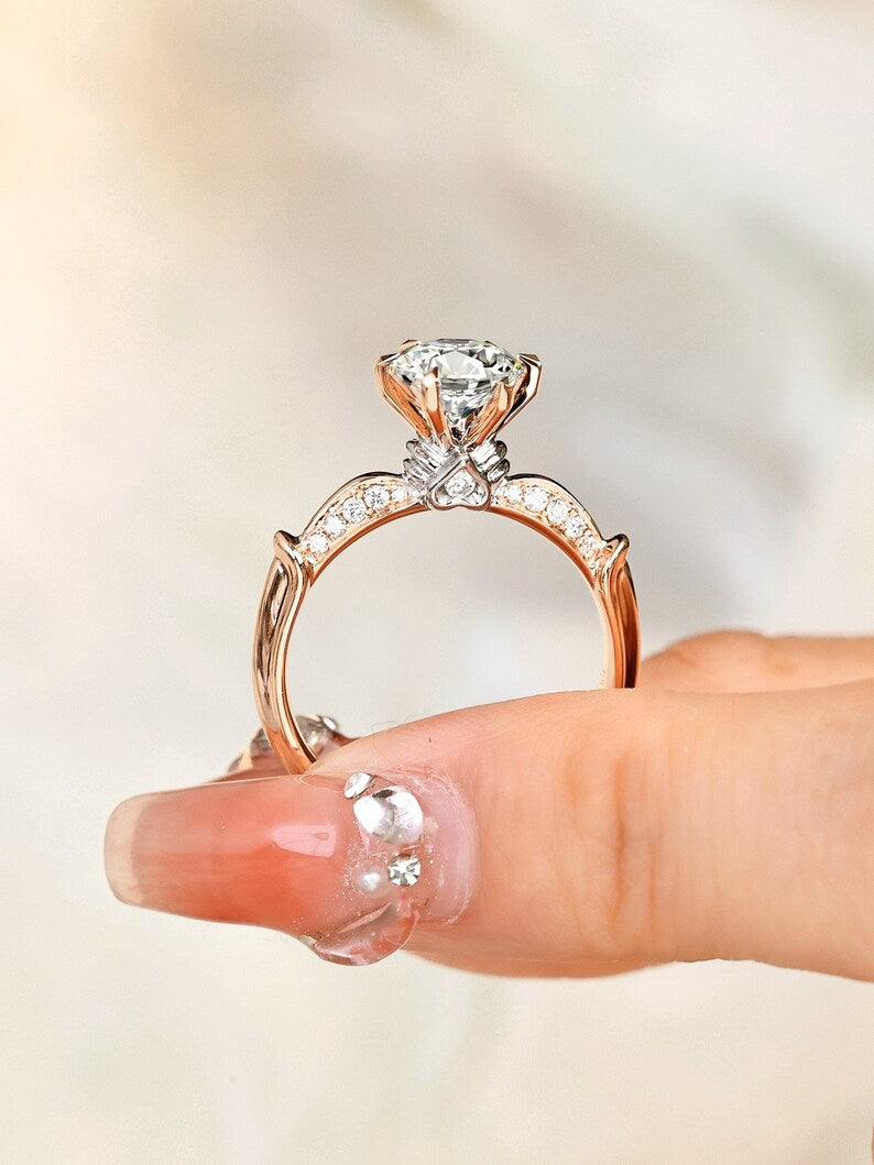 Victorian-style Crown and Heart lab-grown diamond engagement ring in 18K solid rose gold