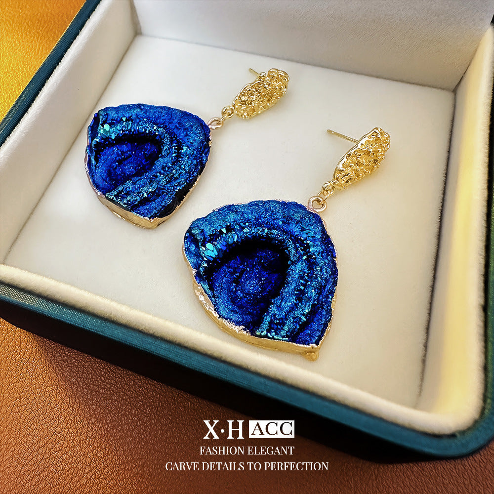 Deep blue textured geometric earrings in alloy with electroplated finish, blending vintage charm with a contemporary edge.