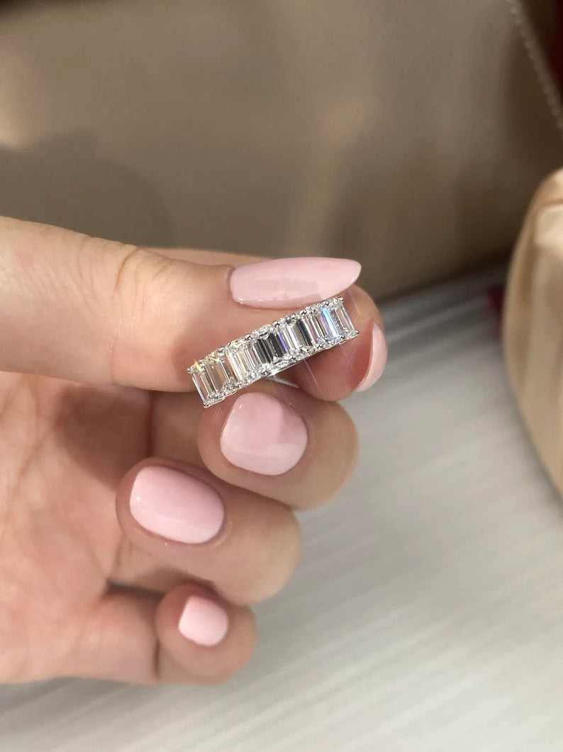 Emerald Cut Diamond Half Eternity Band in 18K Solid Gold, stackable and customizable for special occasions