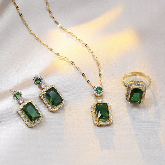 Green zircon jewelry set for women featuring titanium steel, includes a necklace with lip chain, earrings, and a ring. Elegant and non-fading.