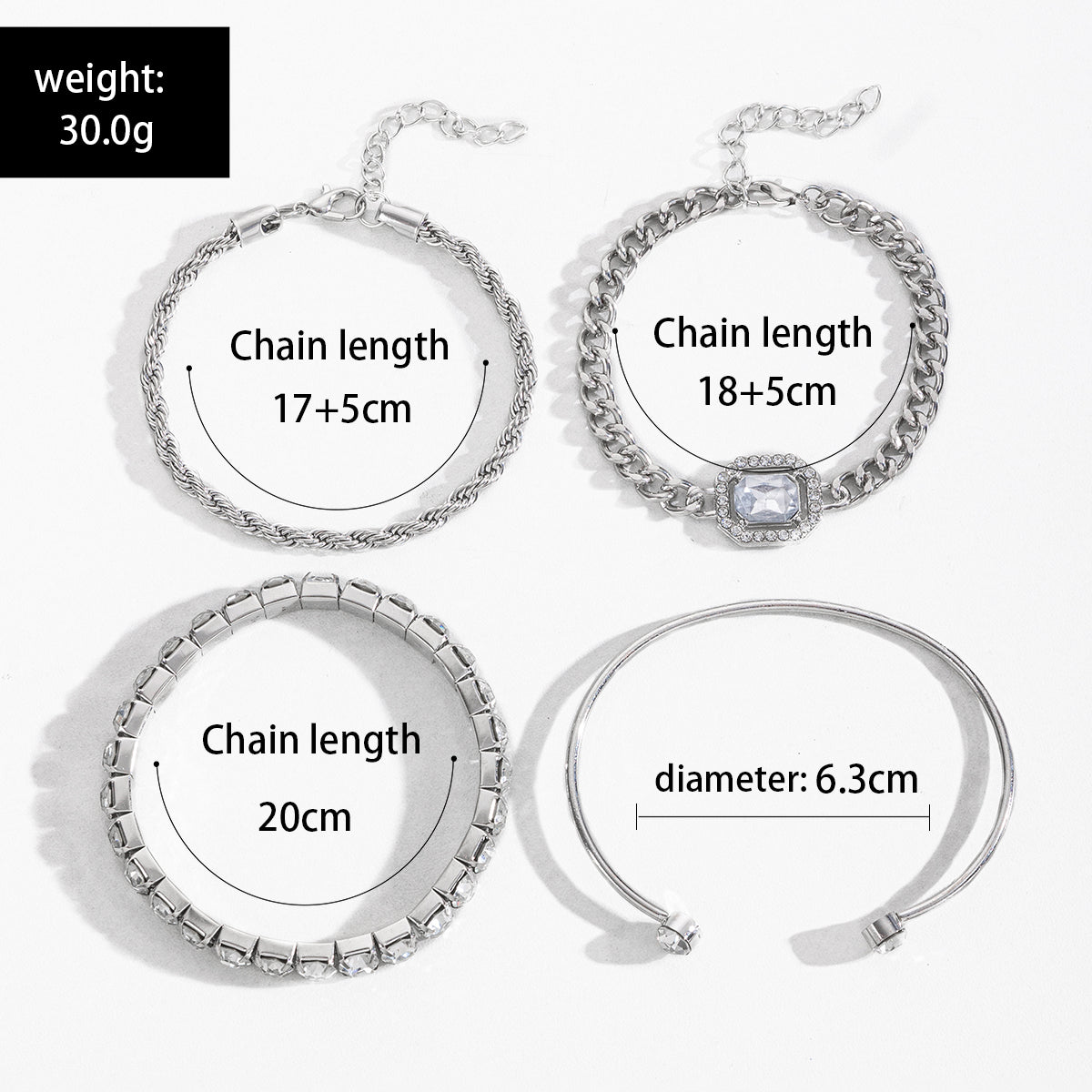 size information for luxury silver stackable bracelet set