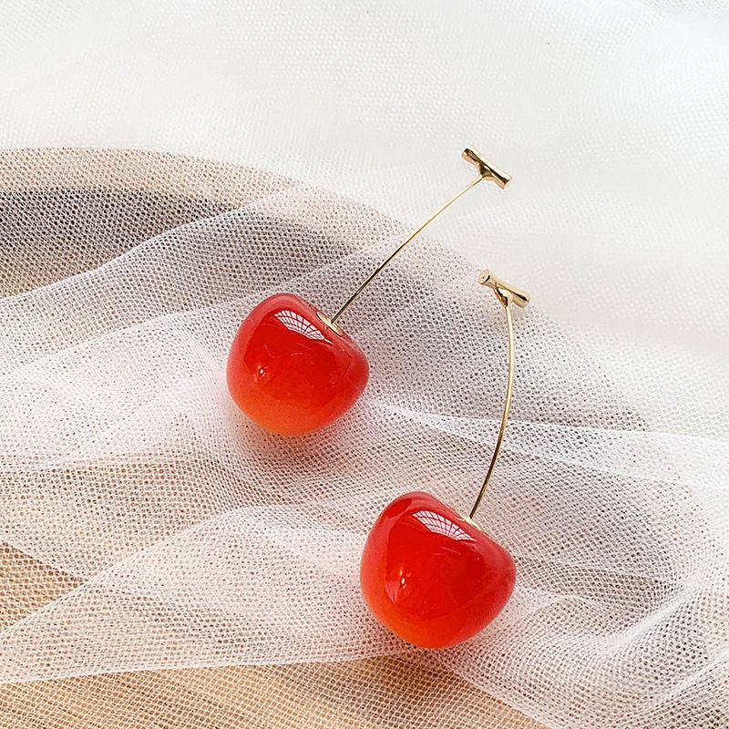 Orange-red cherry earrings with fruit-inspired design, featuring resin and metal materials, perfect for stylish and casual outfits