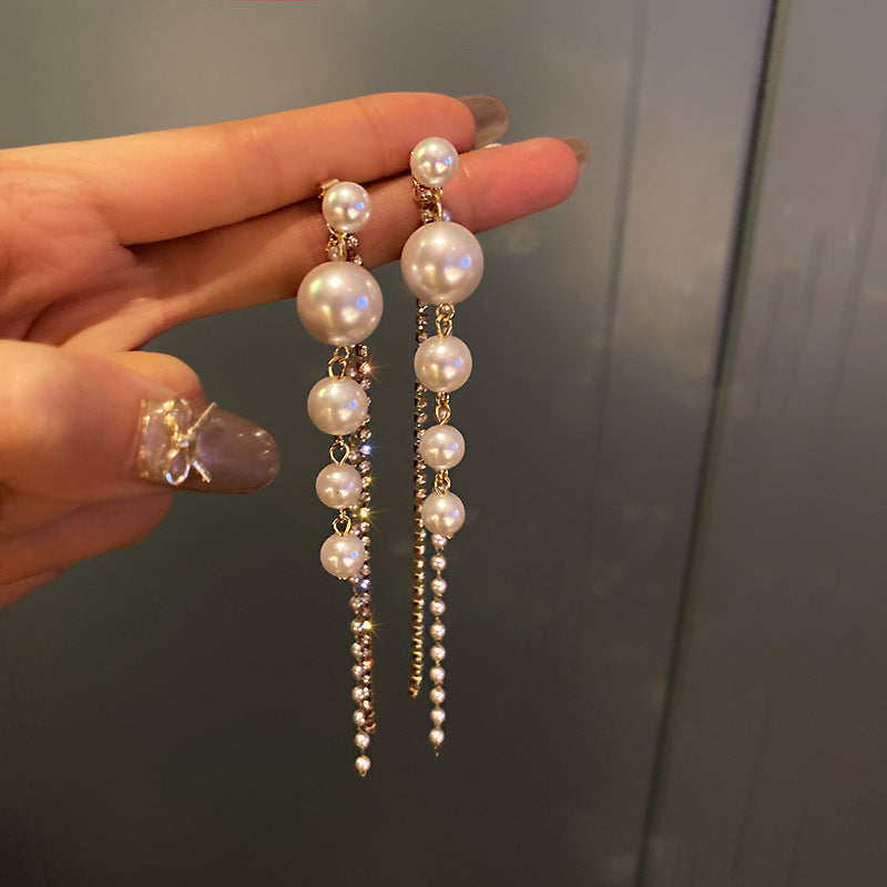 Rhinestone pearl long dangle earrings with alloy material, electroplated finish, and fashionable commuter style for elegant looks.