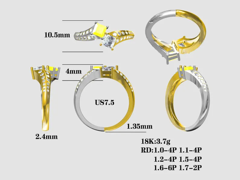 Close-up of a two-tone Tio et Moi princess-cut lab-grown diamond ring in 18K white and yellow gold